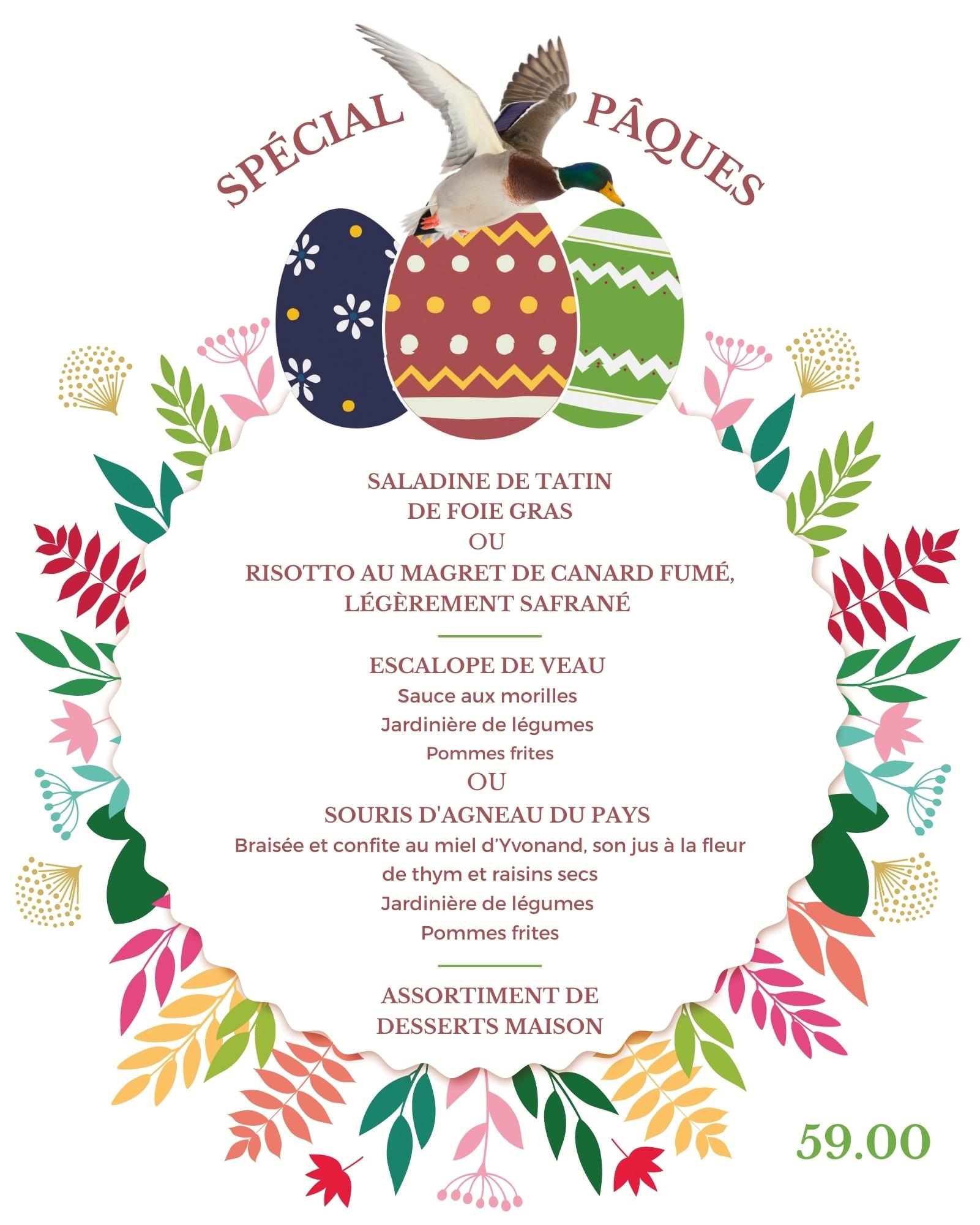 Menu de Pâques Restaurant Le Colvert Spécialités suisses à Yvonand